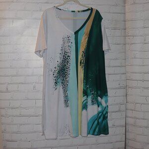 🤍💎 Denater White & Turquoise Art‑Print Dress · Size 2XL · flowing style